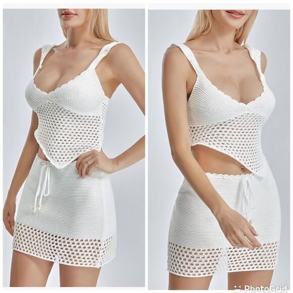 Crochet Knitted 2Pcs Hollow Out Backless Tube Top+Elastic Waist Mini Skirt Set - Picture 3 of 16
